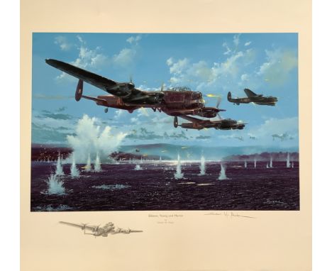 WWII Dambuster 617 Squadron 26x24 inch colour print titled Gibson, Young and Martin signed in pencil by the artist Simon W At