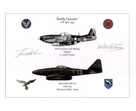 WWII 16x12 inch approx. signed colour print titled Deadly Encounter 10th April 1945 signed by the veterans Walter Schuck and 