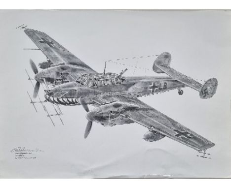 WW2 Colour Print Titled Messerschmitt Bf1 10G 4 Stab I/NJG4 by Geoff Pleasance 1998. Signed in Pencil by Geoff Pleasance the 