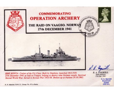 WW2. R A Fogwill (HMS Kenya) Signed Commemorating Operation Archery FDC. British Stamp with 27 Dec 86 Postmark. Good conditio