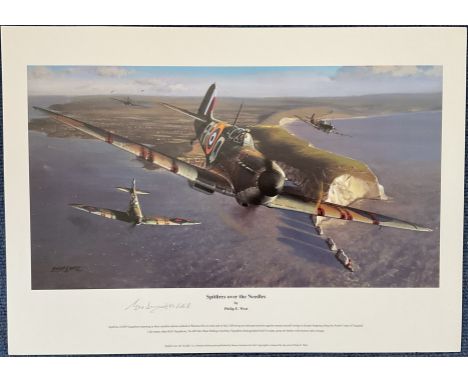 WWII George Dunn DFC signed Spitfires over the Needles 19x14 inch colour print by the artist Philip E. West. Good condition. 