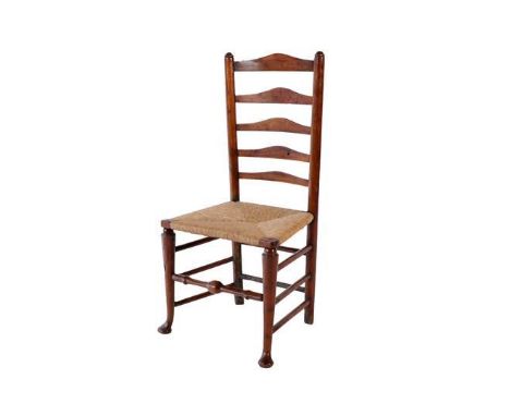 An 18th Century Yewwood Ladder-Back Chair, Lancashire/Cheshire region, the rush seat on turned and tapering forelegs with pad