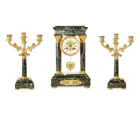 A Green Marble Portico Striking Mantel Clock with Garniture, early 20th century, portico case with four Corinthian capped col