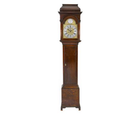 An Oak Eight Day Longcase Clock, signed R Henderson, Scarbrough, circa 1745, caddy pediment, hood with side glass panels, 12-