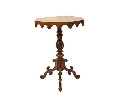 A Victorian Specimen Wood Octagonal Shaped Tripod Table, 2nd half 19th century, the top made of rosewood, mahogany, satin bir