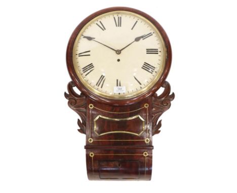 A Mahogany Drop Dial Wall Timepiece, 19th century, botton and side doors, brass inlaid trunk with carved scroll side mounts, 