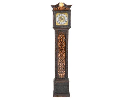 A Carved Oak Marquetry Inlaid Thirty Hour Longcase Clock, signed Ricd Midgley, circa 1720, broken arched pediment, elaboratel