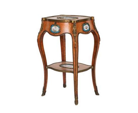 A Late 19th Century Kingwood and Gilt Metal Mounted Side Table, in Louis XV style, the quarter-veneered top inset with a blue