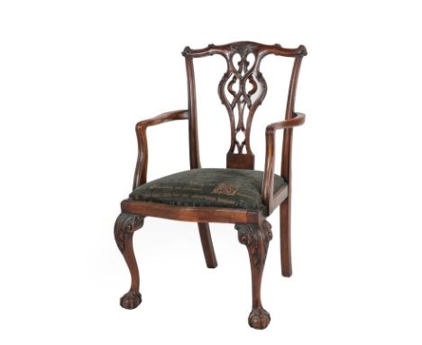 A Set of Eight (6+2) Chippendale Revival Carved Mahogany Dining Chairs, early 20th century, with recovered green drop-in seat