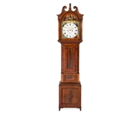 A Scottish Mahogany Eight Day Longcase Clock, circa 1830, swan neck pediment, recessed trunk door flanked by carved inset pil