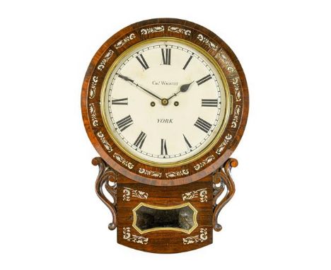 A Rosewood and Mother of Pearl Inlaid Drop Dial Striking Wall Clock, signed Chas Waggitt, York, circa 1860, side and bottom d