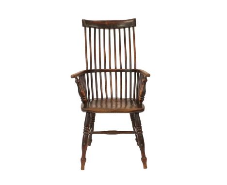 A Mid 19th Century Ash and Elm Comb-Back Windsor Armchair, with double spindle back support, turned arms and elm moulded seat