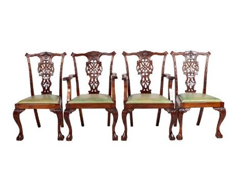 A Set of Eight (6+2) Carved Mahogany Chippendale Revival Dining Chairs, early 20th century, with green leatherette drop-in se