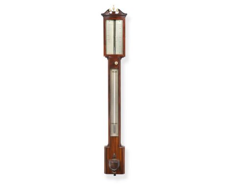 A Mahogany Stick Barometer, signed R.Harper, Liverpool, circa 1840, swan neck pediment, concealed mercury tube with a single 