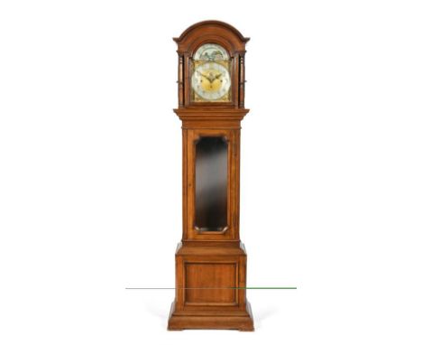 An Oak Tubular Bell Chiming Longcase Clock, early 20th century, arched pediment, bevelled glass hood door, pierced sound fret