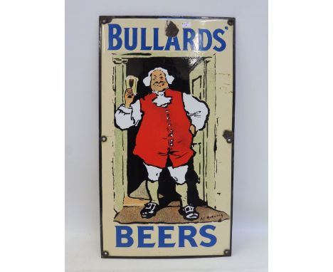 A Bullards Beers pictorial enamel sign depicting a full height gentleman holding a glass of ale, excellent gloss, 10 x 18".