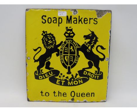 A small yellow and black enamel sign with central coat of arms 'Soap Makers to the Queen', 7 x 8".