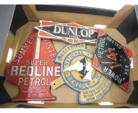 Four reproduction petrol pump brand tags including Redline and Power.