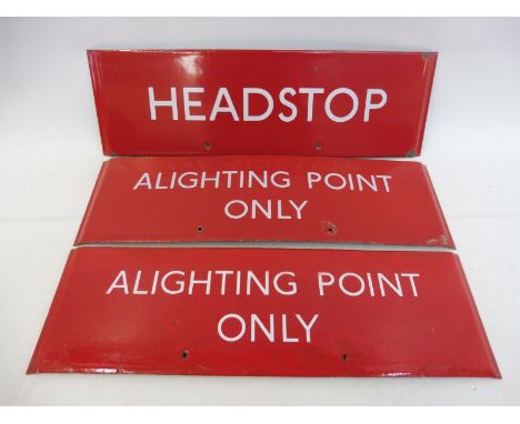 Three red and white enamel sign inserts for Bus Stop flag signs, one for 'Headstop' and two for 'Alighting Point Only', possi