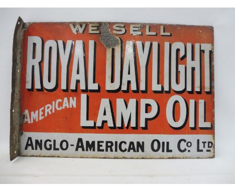 A Royal Daylight American Lamp Oil double sided enamel sign with hanging flange, 20 3/4 x 14 1/2".