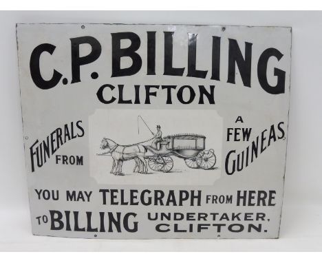 A very rare enamel sign advertising C.P. Billing of Clifton, Bristol, with a central horse-drawn carriage, the sign has a sma