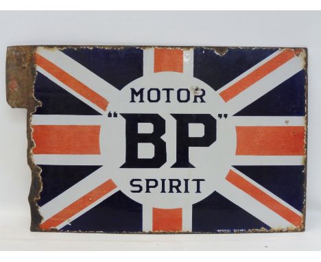 A BP Motor Spirit Union Jack double sided enamel sign with partial flattened hanging flange, by Imperial Enamel, 26 x 16".