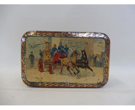 A Peek Frean &amp; Co. biscuit tin rarely depicting early horse-drawn fire engine scenes. 