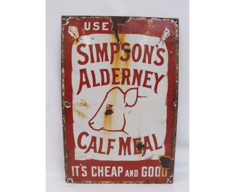 A Simpson's Alderney Calf Meal pictorial enamel sign, 15 x 22 1/2".