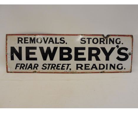 A narrow rectangular enamel sign by Patent Enamel advertising Newbery's 'Removals &amp; Storing' Friar Street, Reading, 30 x 