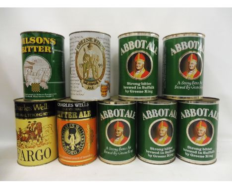 Five large scale Abbot Ale beer cans, three pint size, plus four similar. 