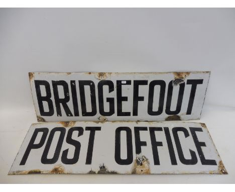 Two enamel signs when placed together advertise Bridgfoot Post Office, 60 x 9" (combined).