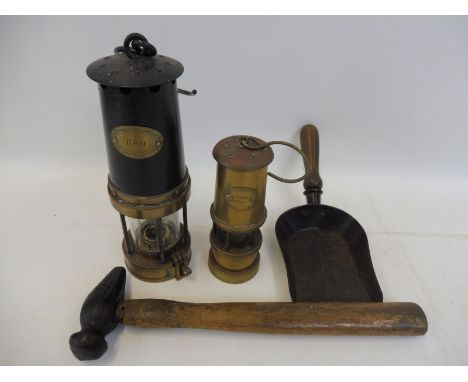 A miner's type brass and steel lamp bearing brass plaque for Patterson Lamps Ltd. G.P.O. Gateshead-on-Tyne, a smaller brass s