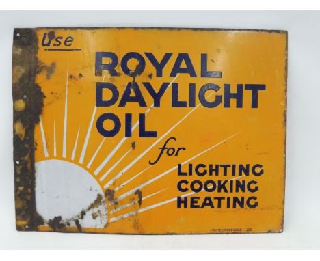 A Royal Daylight Oil double sided enamel sign by Protector, with flattened hanging flange, 21 1/2 x 16".