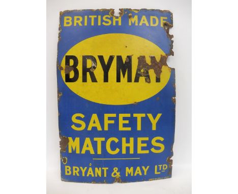 A Brymay Safety Matches rectangular enamel sign by Patent Enamel, 20 x 30".