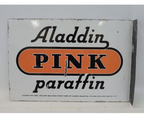 An Aladdin Pink Paraffin double sided enamel sign with hanging flange, 21 x 14".