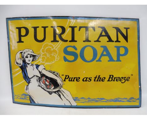 A Puritan Soap 'Pure as the Breeze' pictorial enamel sign, with some older restoration, 36 x 24".