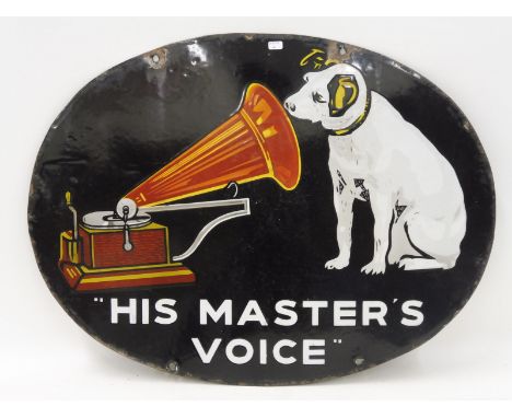 An H.M.V. oval double sided pictorial enamel sign depicting 'Nipper' listening to a gramophone, 24 x 18".