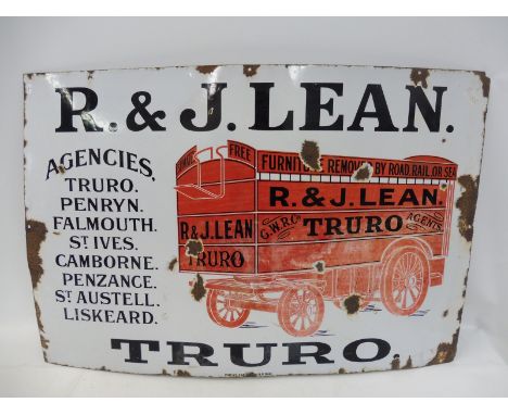 An early pictorial enamel sign advertising R &amp; J. Lean of Truro, with image of a horse-drawn removal wagon, the sign by P