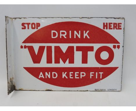A small Vimto double sided enamel sign with hanging flange, by Burnham of London, 12 x 8".
