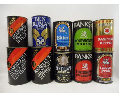 Ten large scale beer cans including Truman Barbecue 7, Bank's etc.