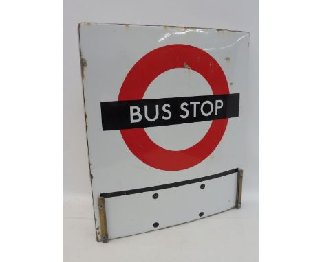 A Bus Stop compulsory stop double sided 'flag' enamel sign, 18 x 21".