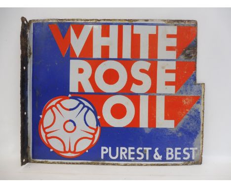 A White Rose Oil 'Purest and Best' double sided enamel sign with hanging flange, 22 x 18".