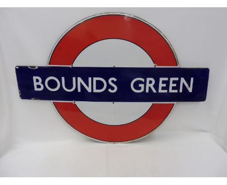 A London Underground station enamel sign, for Bounds Green, 58 3/4 x 40 1/2".
