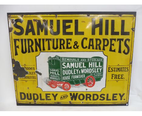 A pictorial enamel sign by Chromo advertising Samuel Hill, Furniture &amp; Carpets with central horse drawn removals and stor