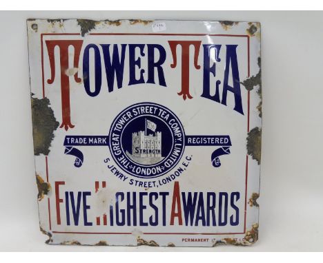 A Tower Tea 'Five Highest Awards' enamel sign, 12 x 12".