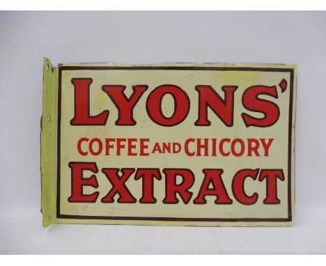 A Lyons' Coffee and Chicory Extract double sided enamel sign with hanging flange, some older amateur restoration, 17 3/4 x 12