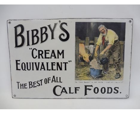 A Bibby's 'Cream Equivalent' Calf Foods part pictorial enamel sign with some professional restoration, 17 1/2 x 11 1/2".