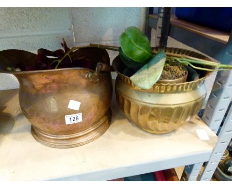 Brass jardinere and a copper helmet coal scuttle