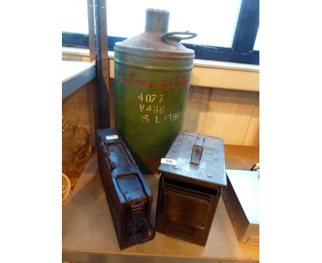 Two military ammunition boxes and a large vintage petrol can