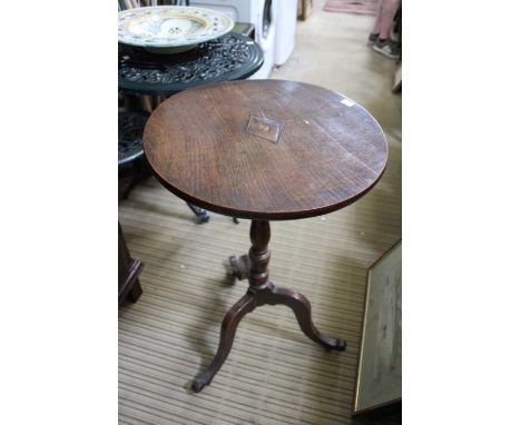 A 19th century oak tripod wine table on barley twist stem  Condition Report - Replacement hexagonal top, panels of which sepa